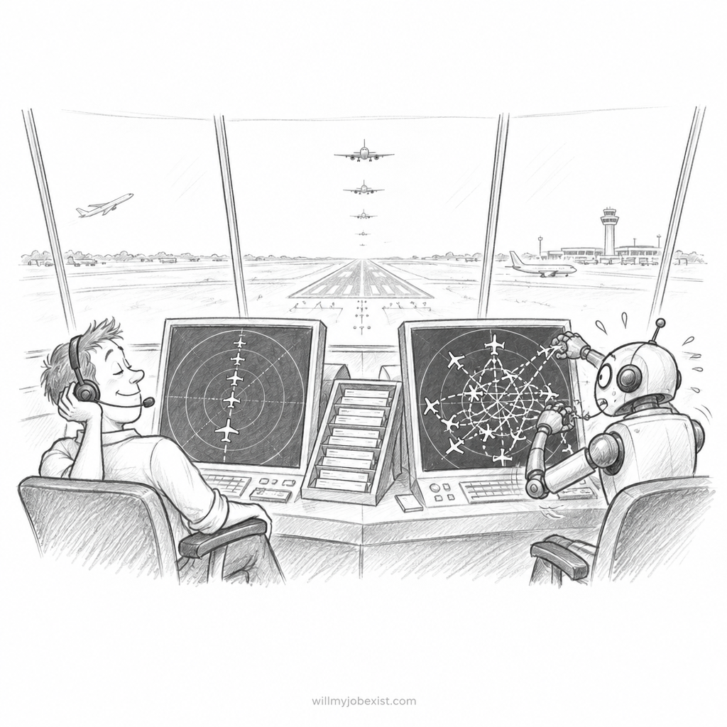 Pencil cartoon about a Air Traffic Controller